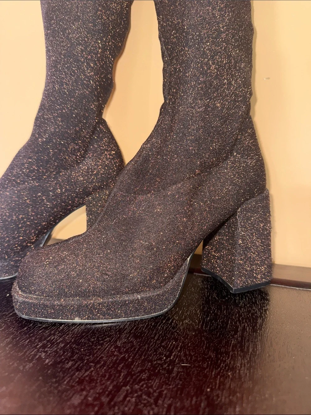 K Flag “Dina” Vintage Sparkle-Trim Over-the-Knee Boots in Black Size 7 1/2